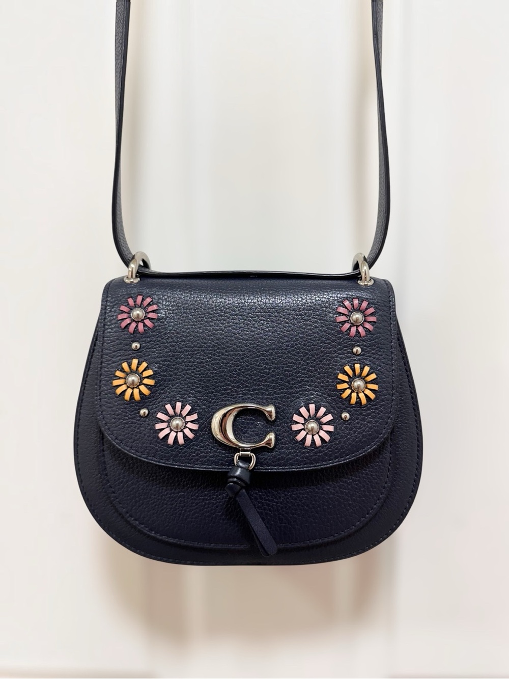 Coach Remi Saddle Bag Navy Pebbled Leather Whipstitch Daisy Crossbody 1221
